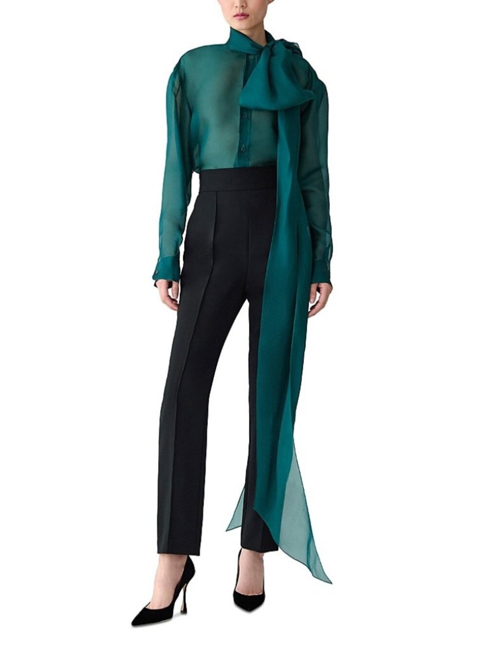Carolina Herrera 100% Silk Bow Blouse Pine Green Size 2 NWT